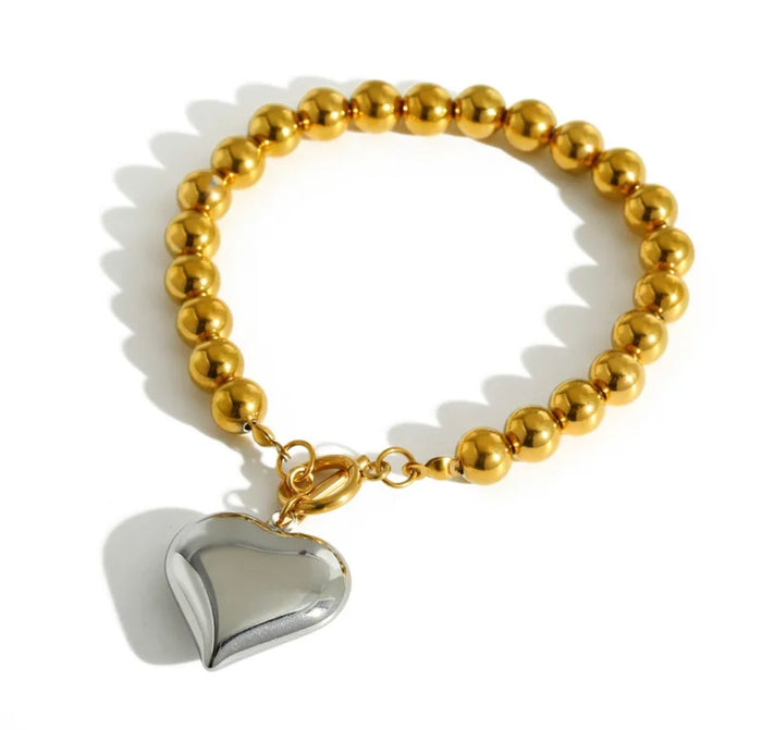 Gold Bead Bracelet with Silver Puffy Heart