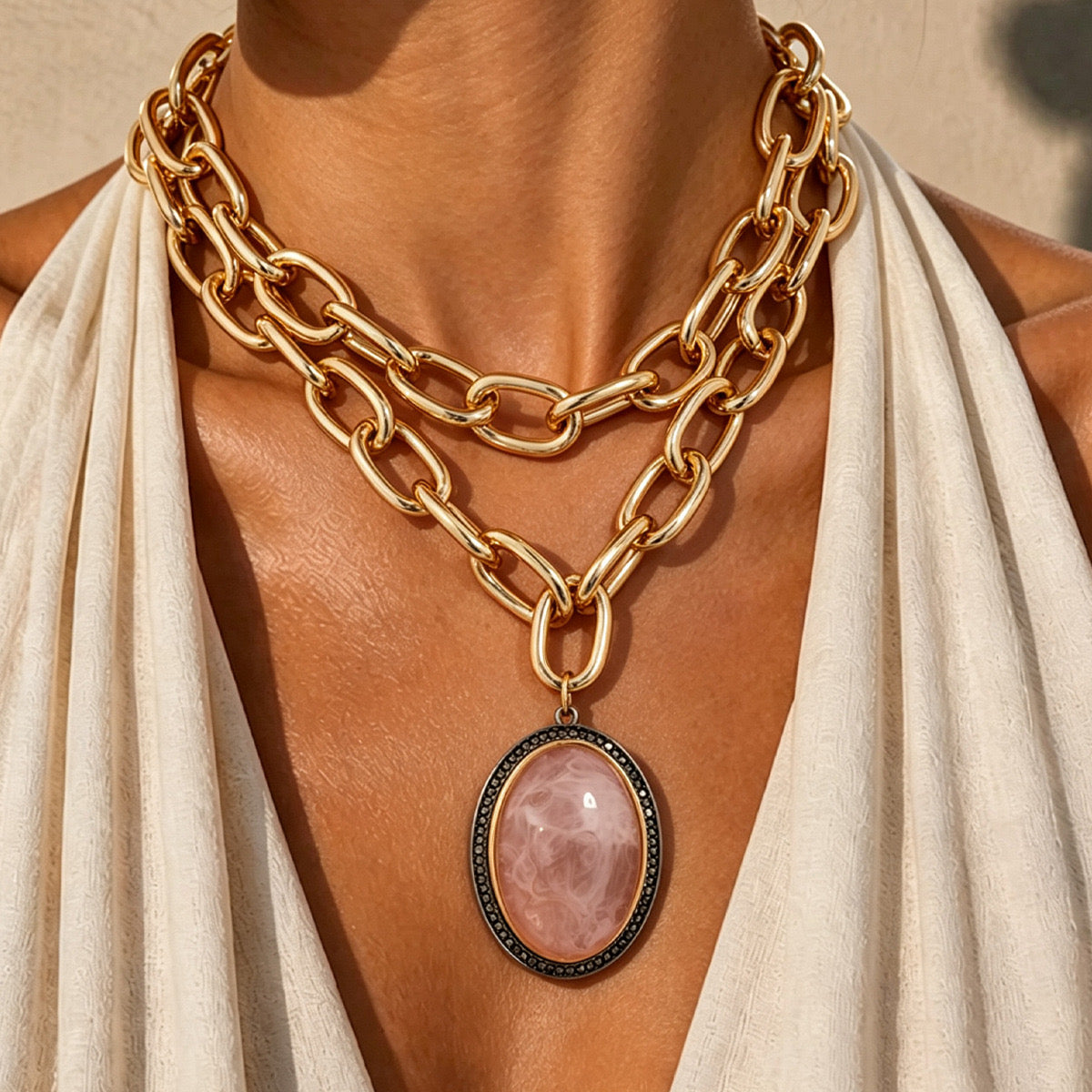 Pink Oval Double Strand Necklace