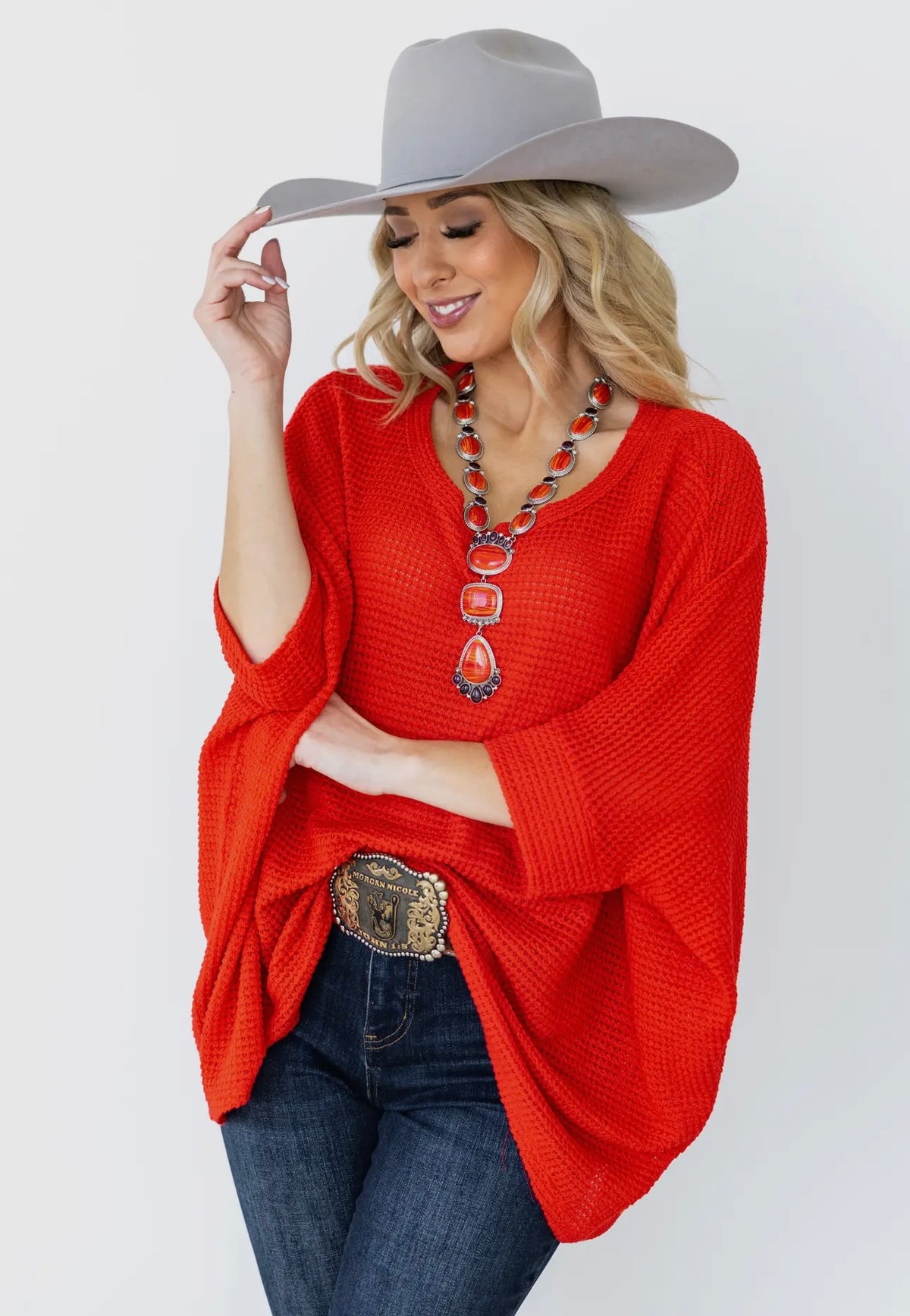 Oversized Red Waffle Top
