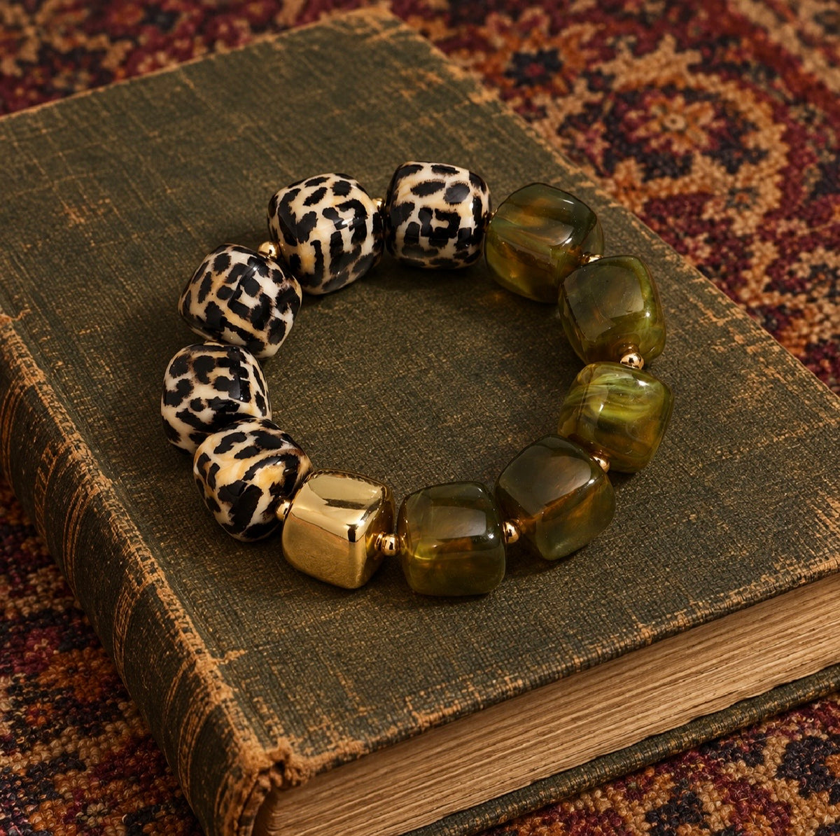 Leopard, Green, & Gold Chunky Bead Bracelet