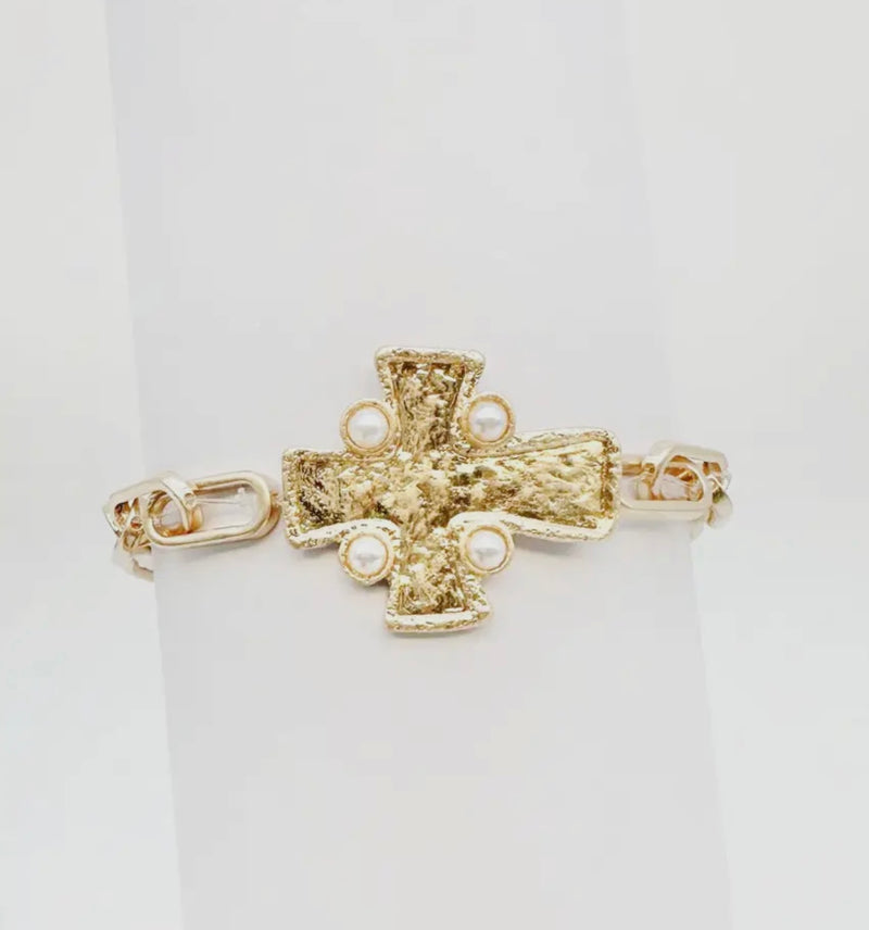 Gold Pearl Cross Bracelet