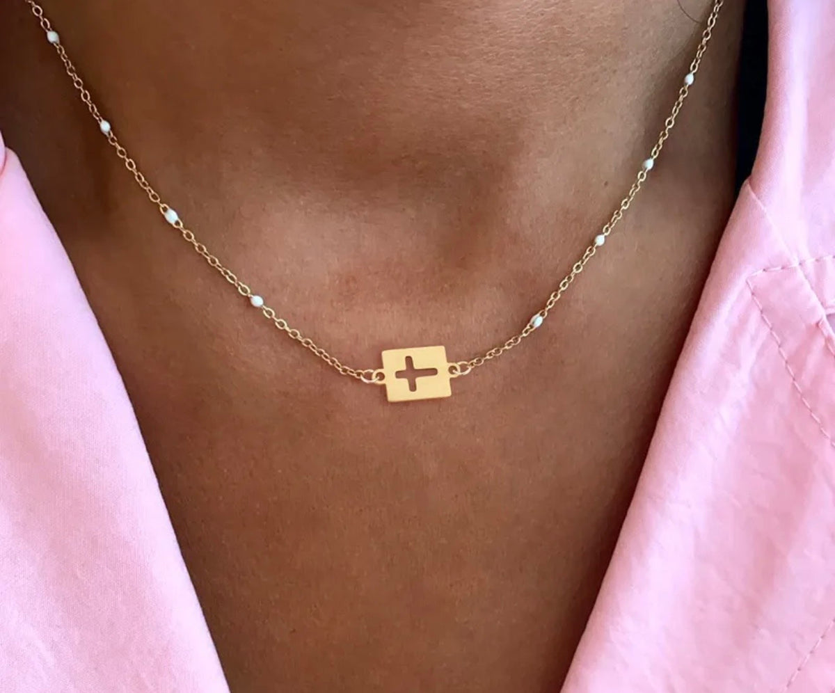 Enamel Bead Sideways Cross Necklace