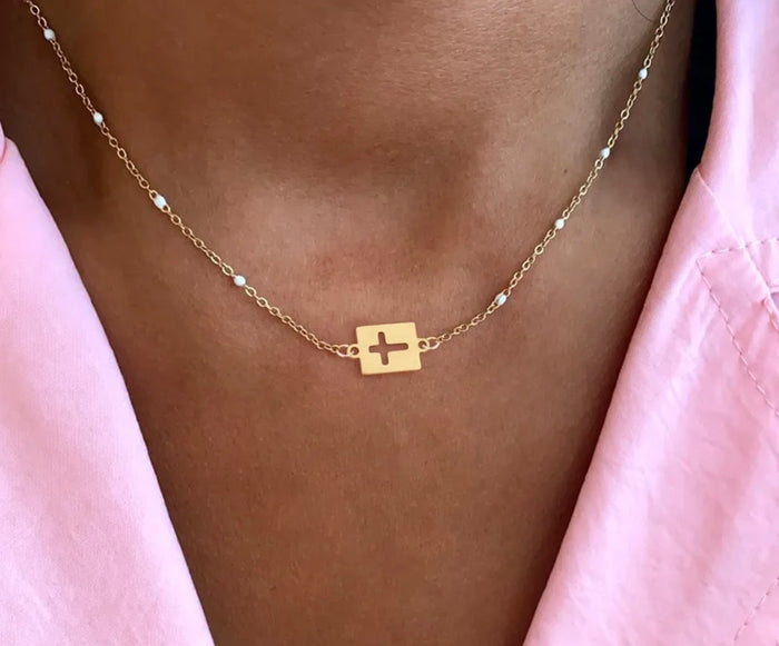 Enamel Bead Sideways Cross Necklace
