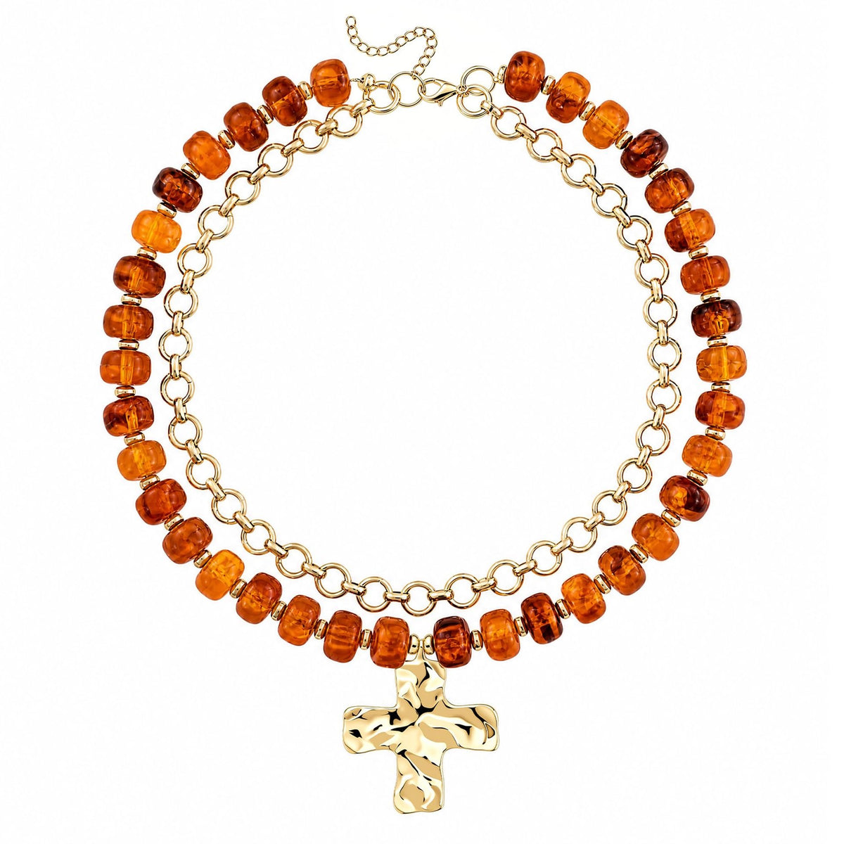 Amber Bead Cross Double Necklace