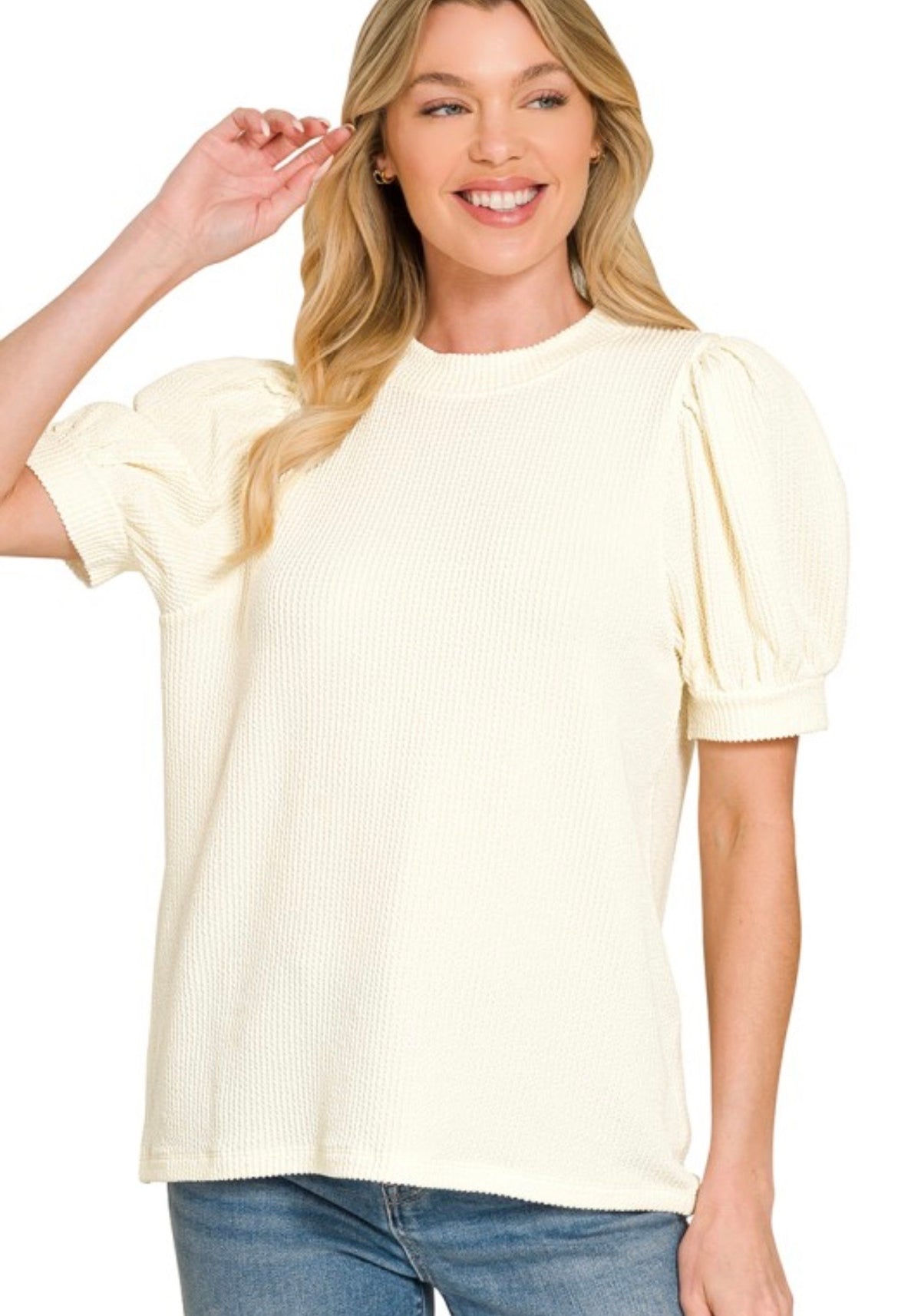 Cream Ribbed Puff Sleeve Blouse