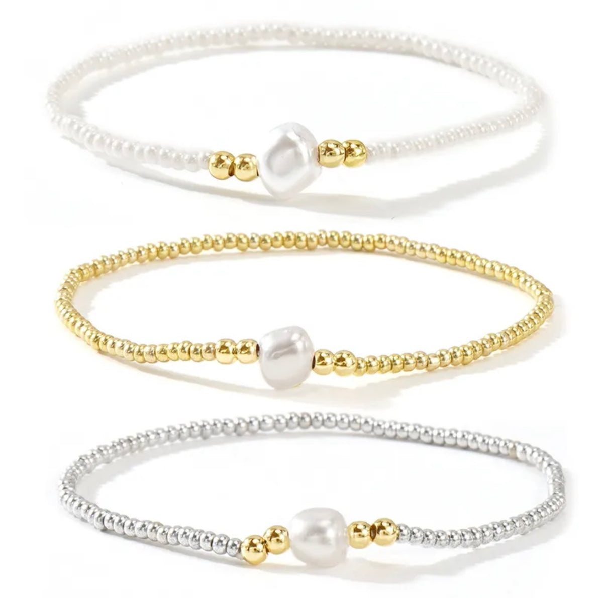 Set of 3 Seed Bead Bracelets with Pearl Detail