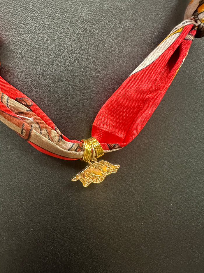 Red Scarf Necklace Arkansas Razorback Charm