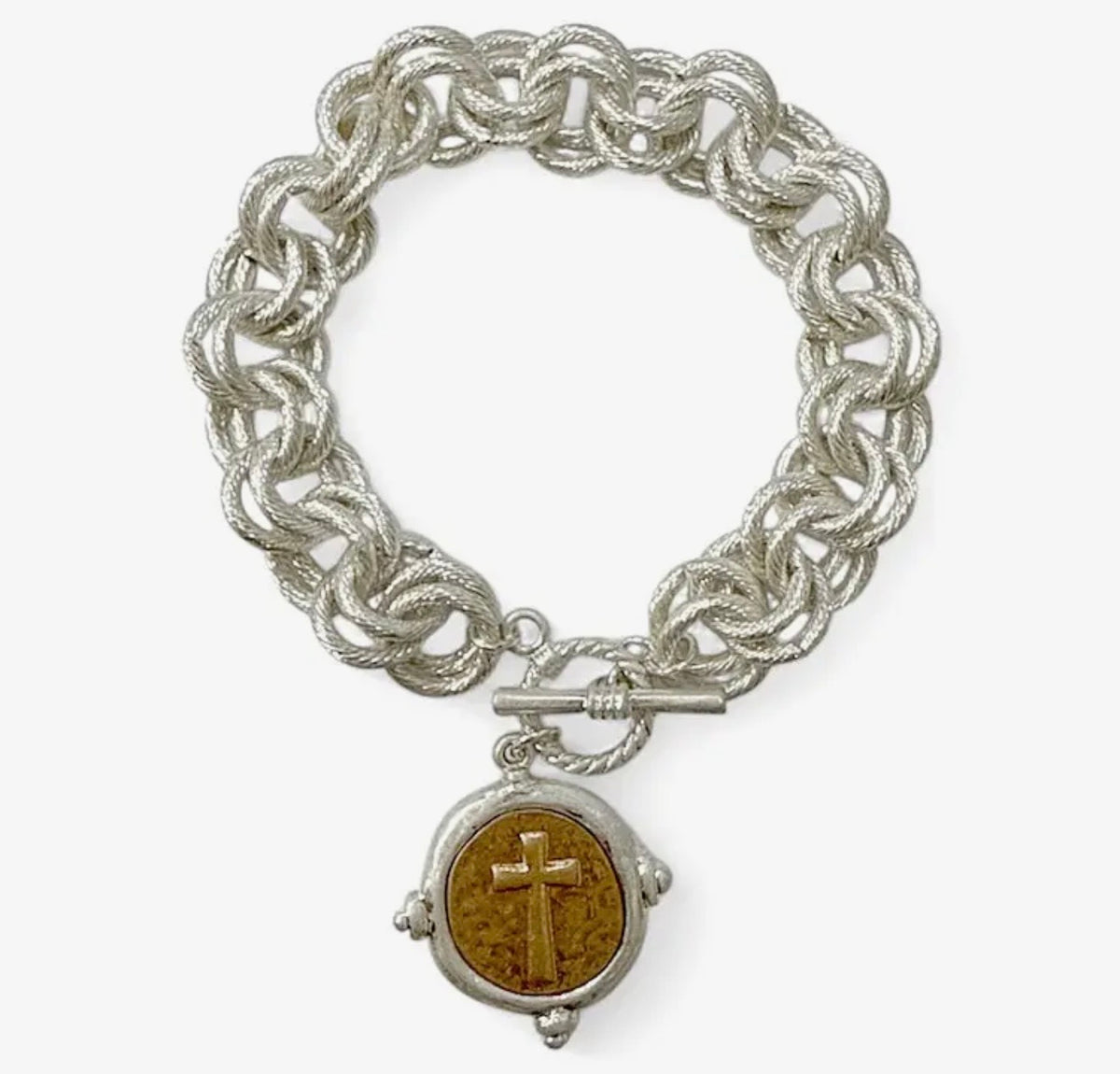 Silver Bracelet with Gold Cross Charm
