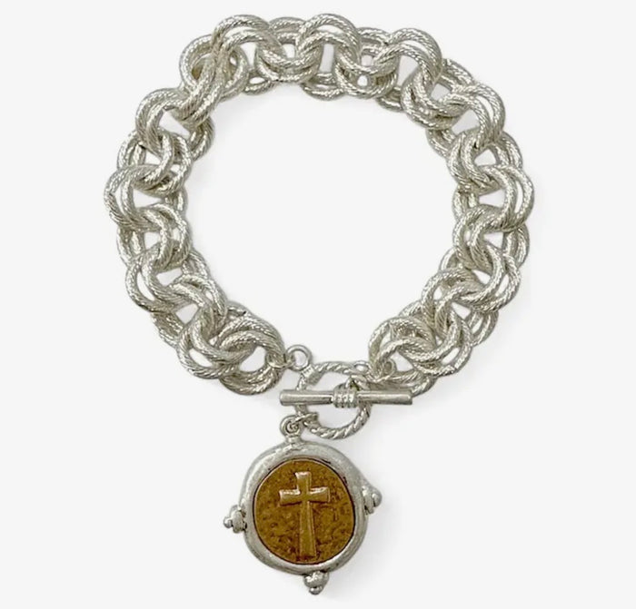 Silver Bracelet with Gold Cross Charm