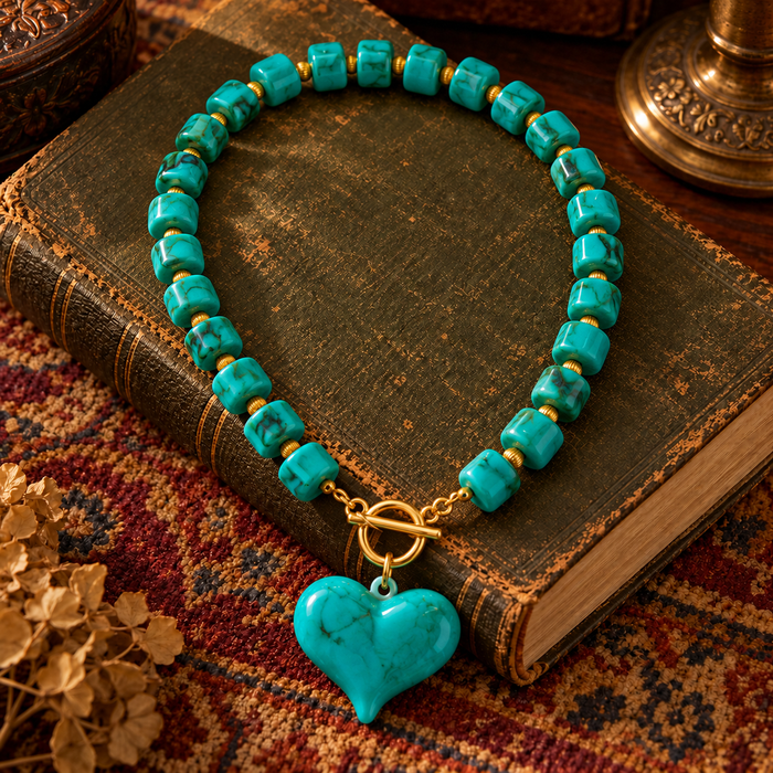 Green Blue Chunky Bead Heart Necklace
