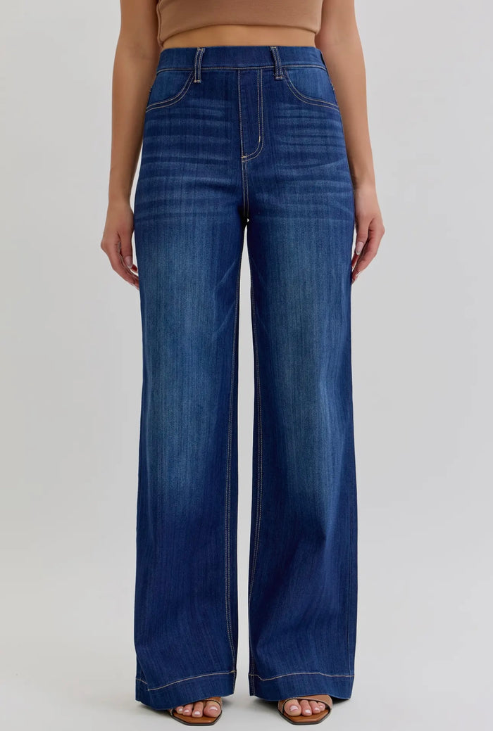 Dark Denim Wide Leg Pull On Jeans