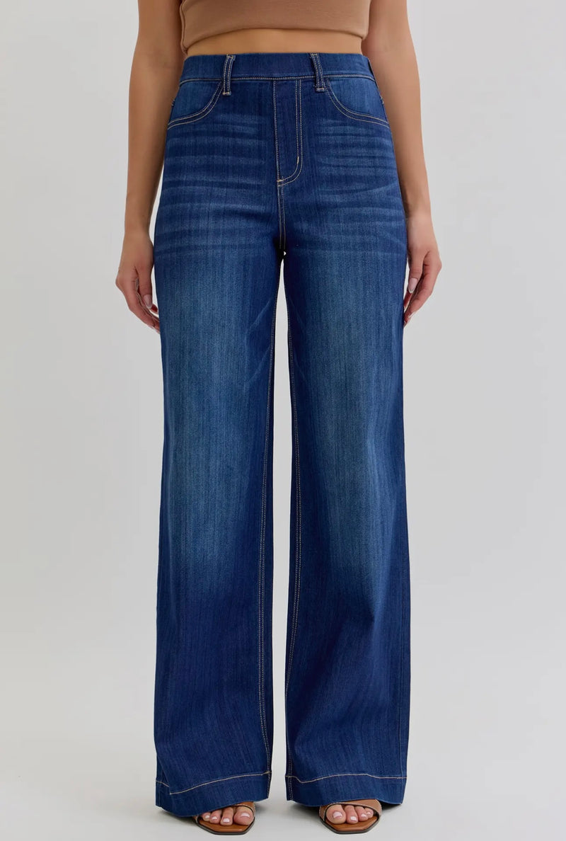 Dark Denim Wide Leg Pull On Jeans