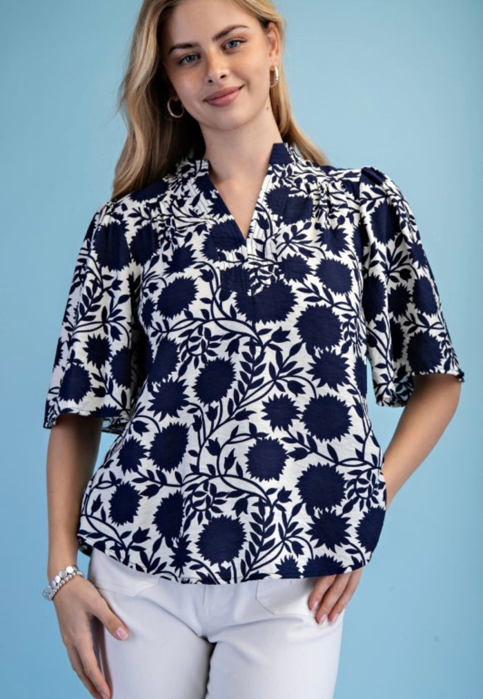 Navy & White Print Blouse
