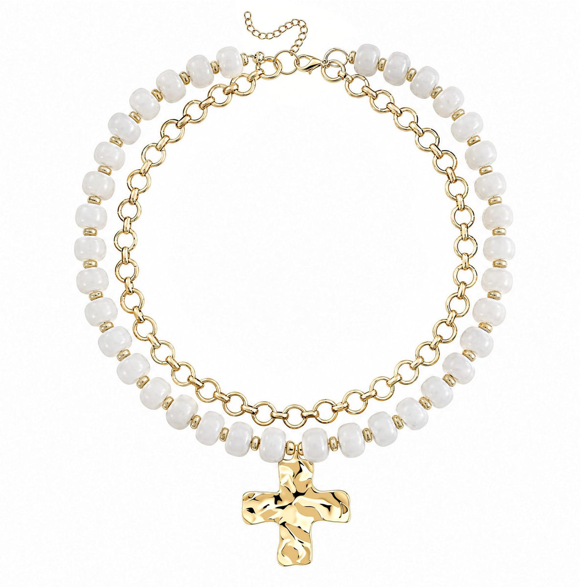 White Beaded Double Strand Cross Necklace