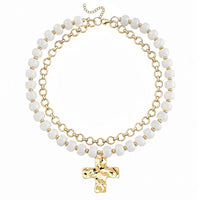 White Beaded Double Strand Cross Necklace