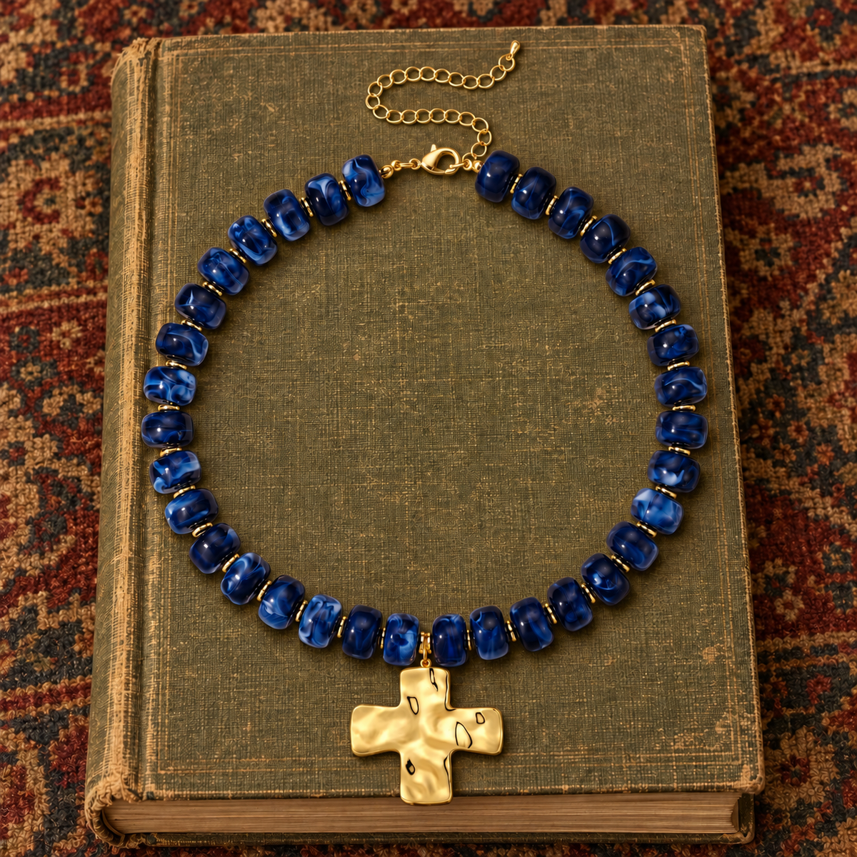 Navy Blue Beaded Cross Necklace
