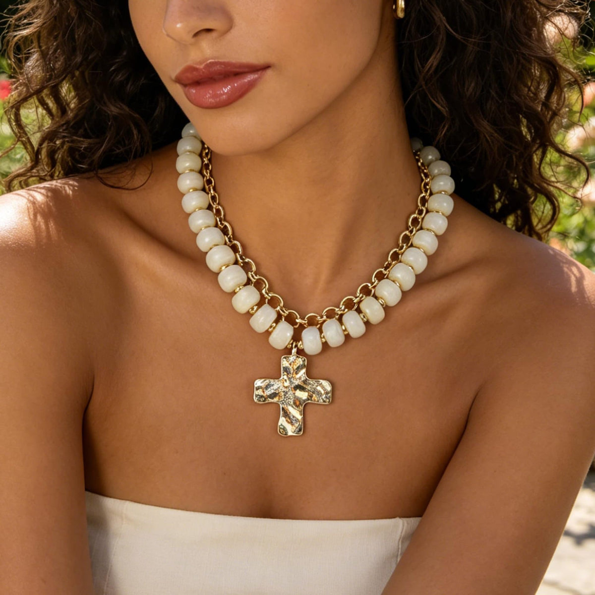 White Beaded Double Strand Cross Necklace