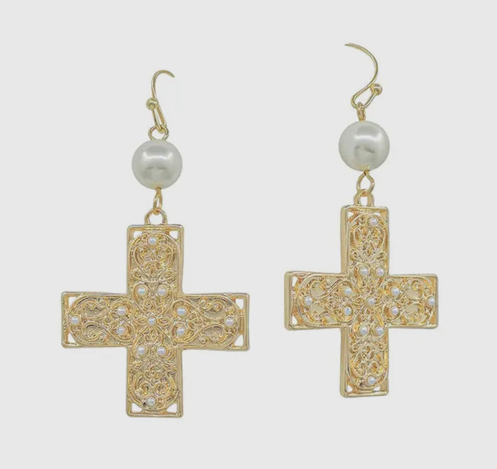 Textured Pearl Cross Earrings