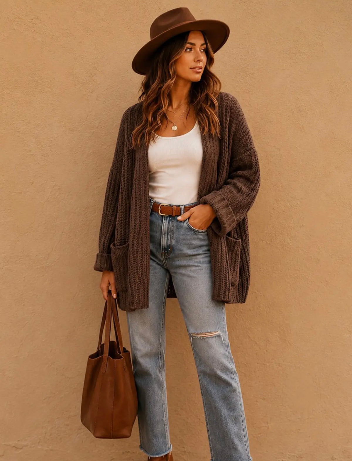 Chunky Brown Knit Hooded Cardigan