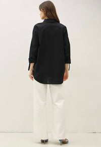 Black Button Up Rounded Hem Blouse