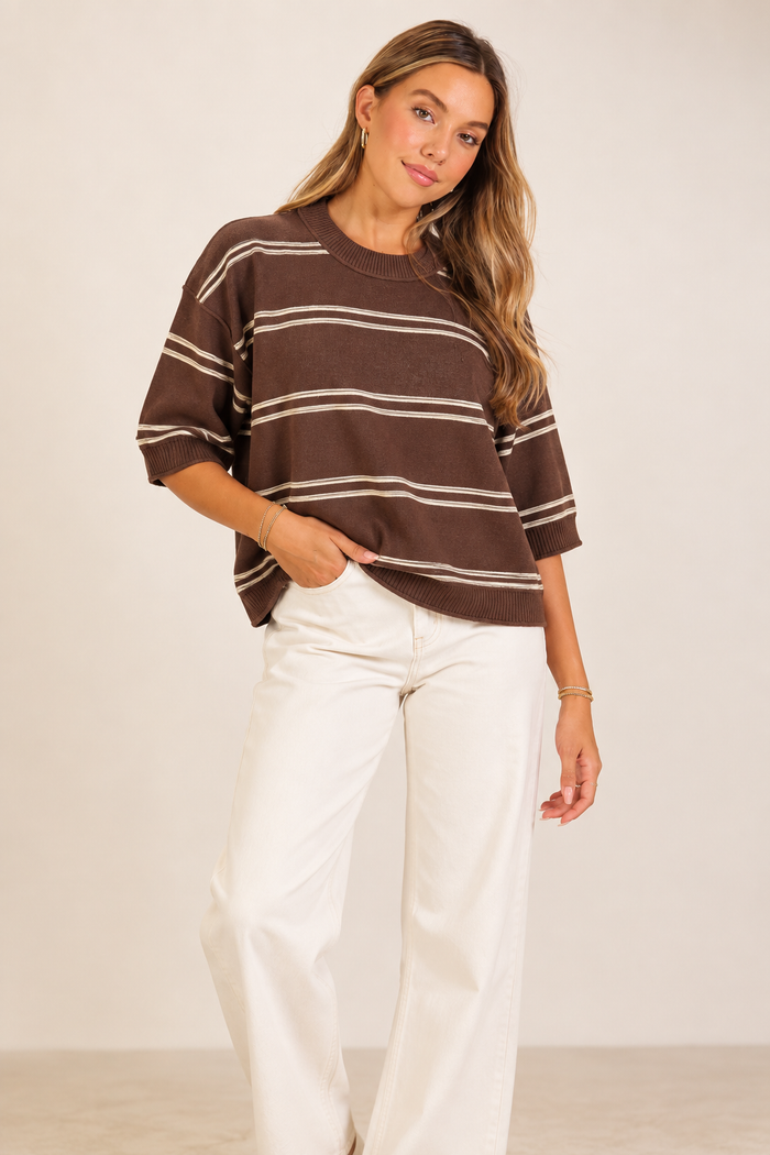 Brown Short Sleeve Sweater with White Stripes