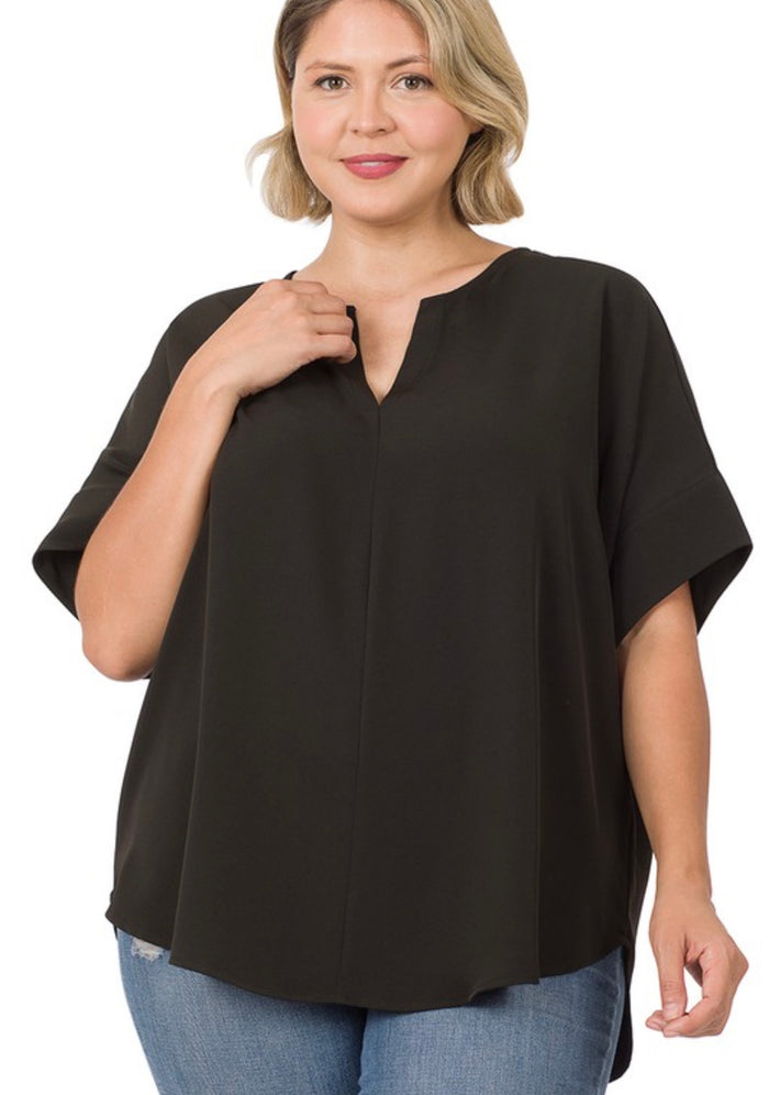 Plus Black Split Neck Blouse