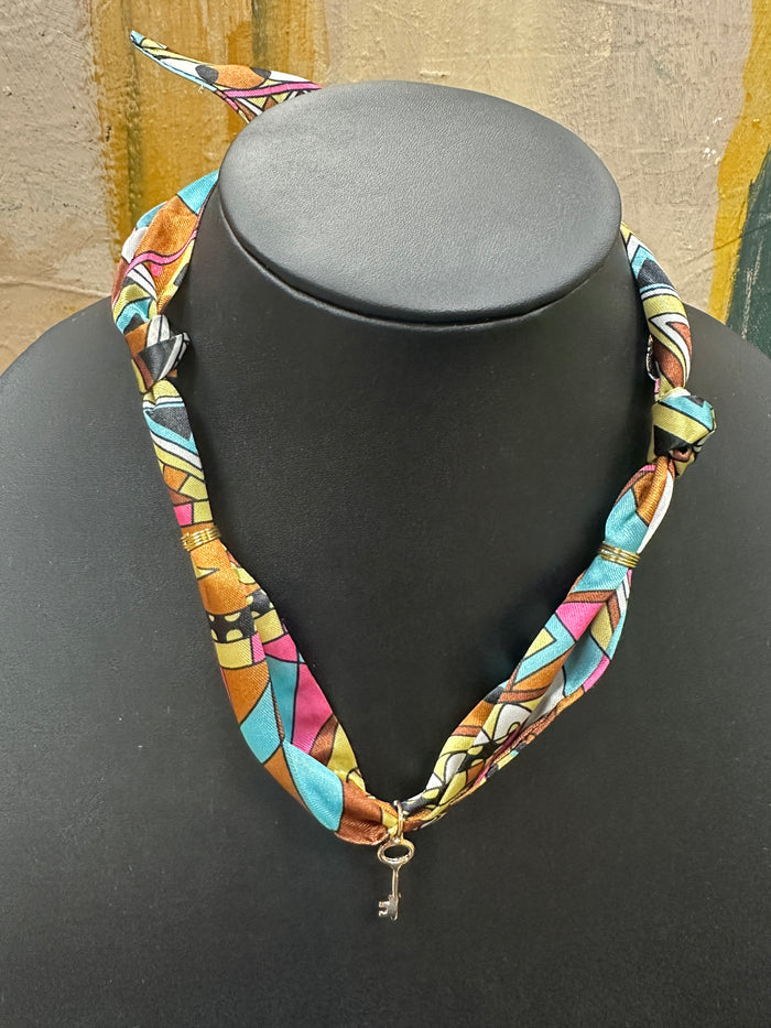 Multicolor Scarf Necklace with Key Charm
