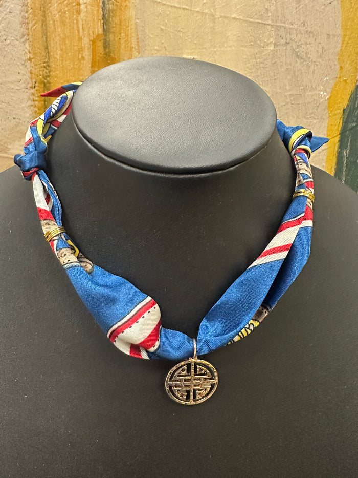 Multicolor Scarf Necklace with Round Charm