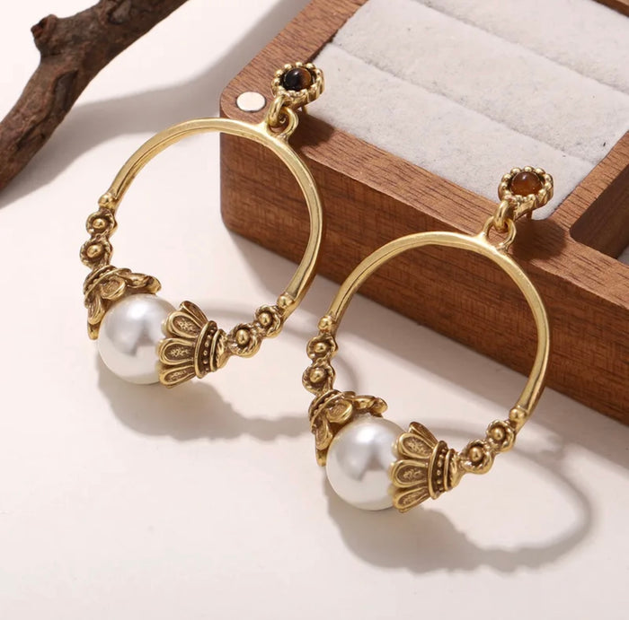 Ornate Pearl Hoop Earrings (FW)