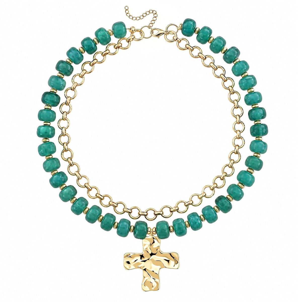 Dark Green Beaded Double Cross Necklace