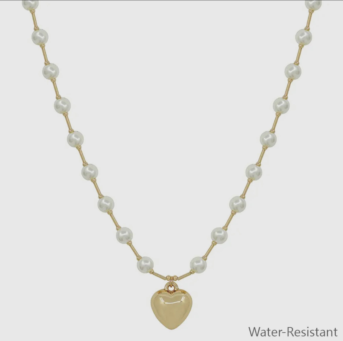 Water Resistant 6mm Pearl Necklace with Gold Heart Charm