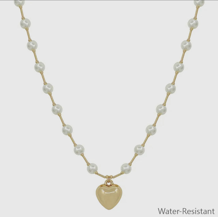 Water Resistant 6mm Pearl Necklace with Gold Heart Charm