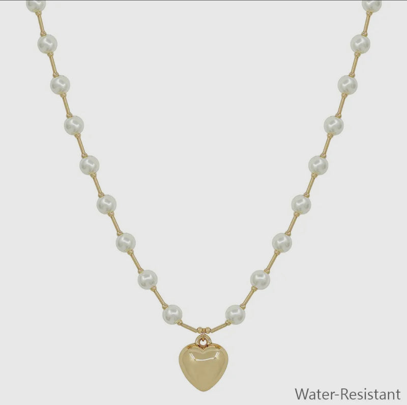 Water Resistant 6mm Pearl Necklace with Gold Heart Charm