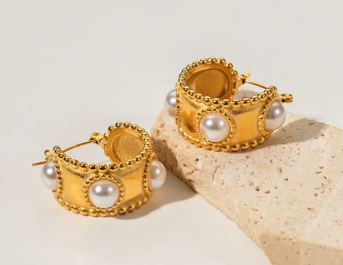 Pearl Studded Gold Hoops