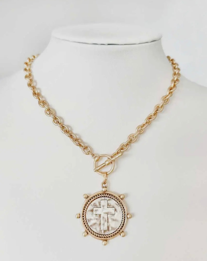 Gold Necklace with Silver Cross Medallion