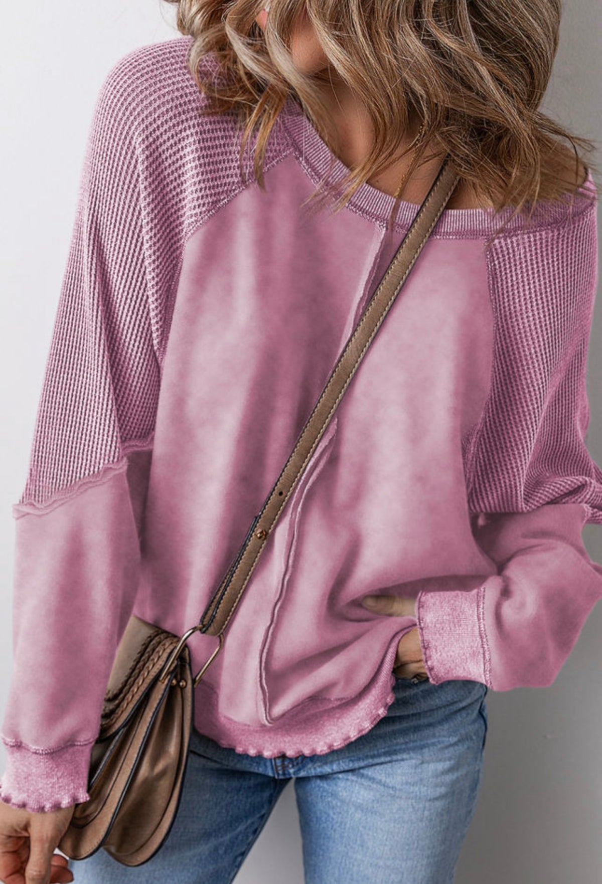 *Available in Store* Pink Waffle Shoulder Sweatshirt