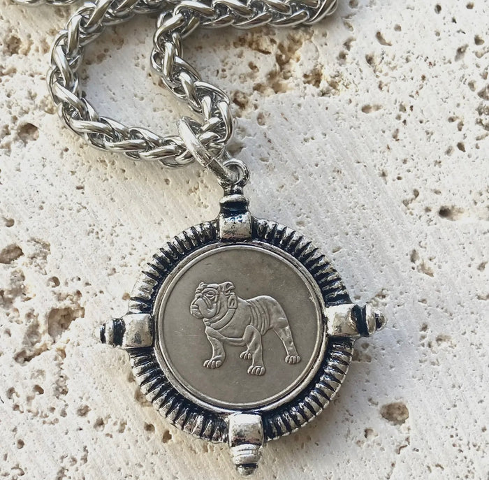 Handmade Silver Bulldog Coin Necklace