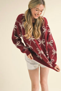 Available in Store! Maroon & White Bow Patterned Sweater