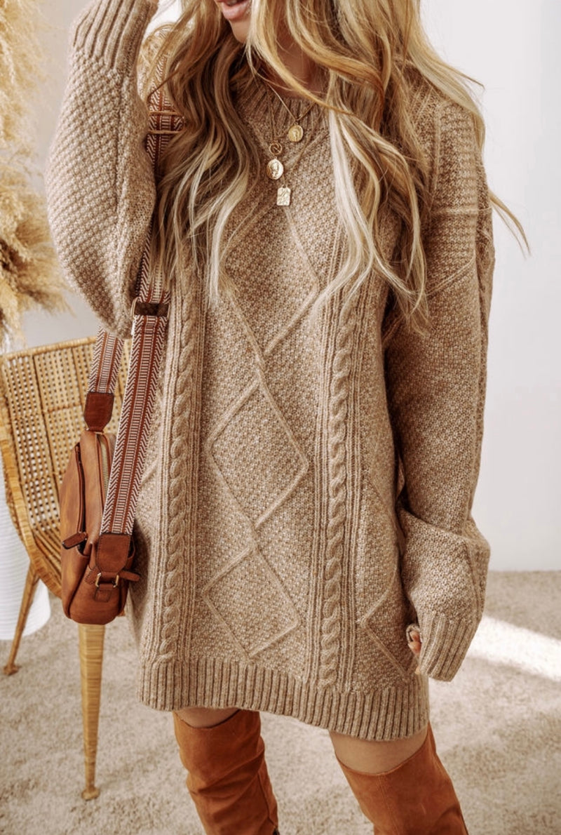 *Available in Store* Celia Cable Knit Sweater Dress in Tan