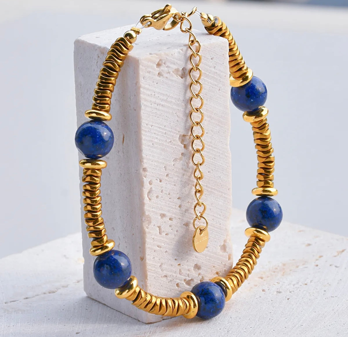 Gold Beaded Bracelet with Dark Blue Beads