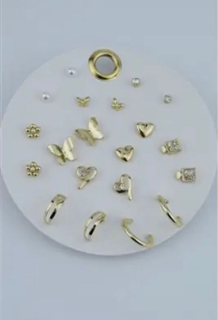 Set of 10 Gold Studs, Hoops, & Butterfly Earrings