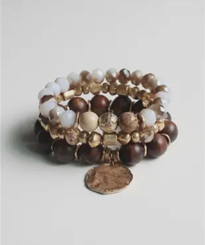 Set of 3: Brown, Gold, & Natural Stone Bracelets