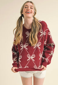 Available in Store! Maroon & White Bow Patterned Sweater