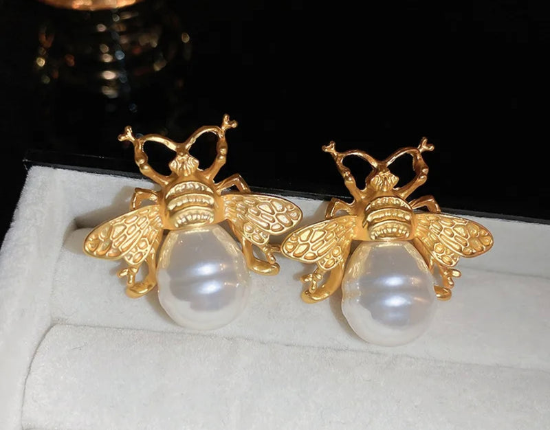 Gold & Pearl Bumblebee Earrings (FW)