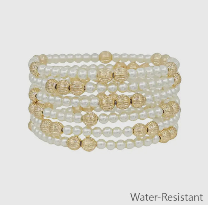 Set of 6 Textured Bead & Pearl Bracelets