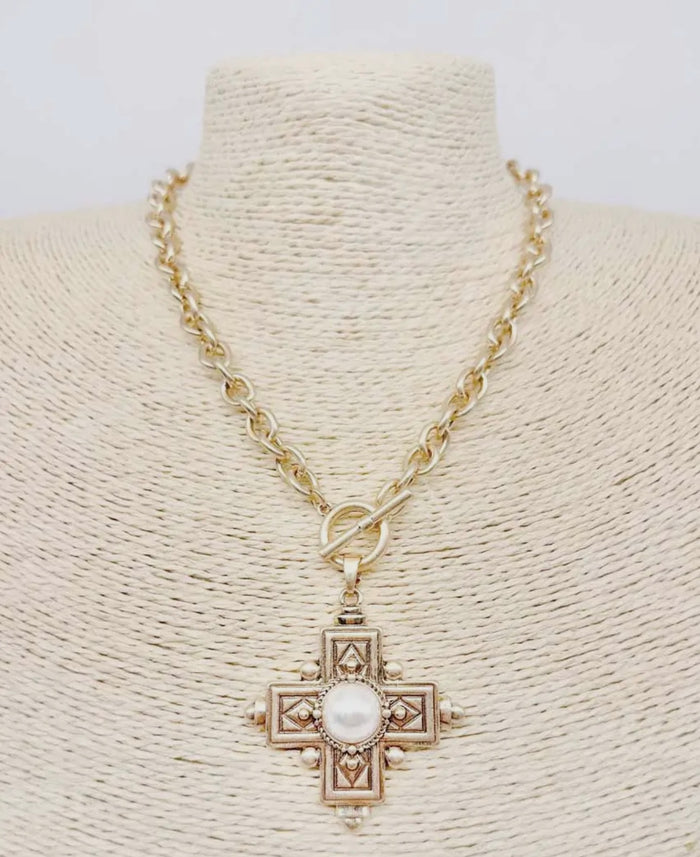 Gold Cross with Pearl Necklace