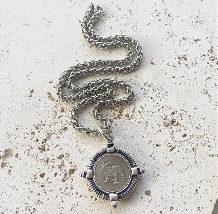 Handmade Silver Bulldog Coin Necklace