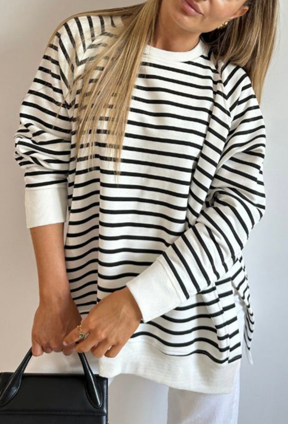 *Available in Store* Black & White Striped Top with Side Slits