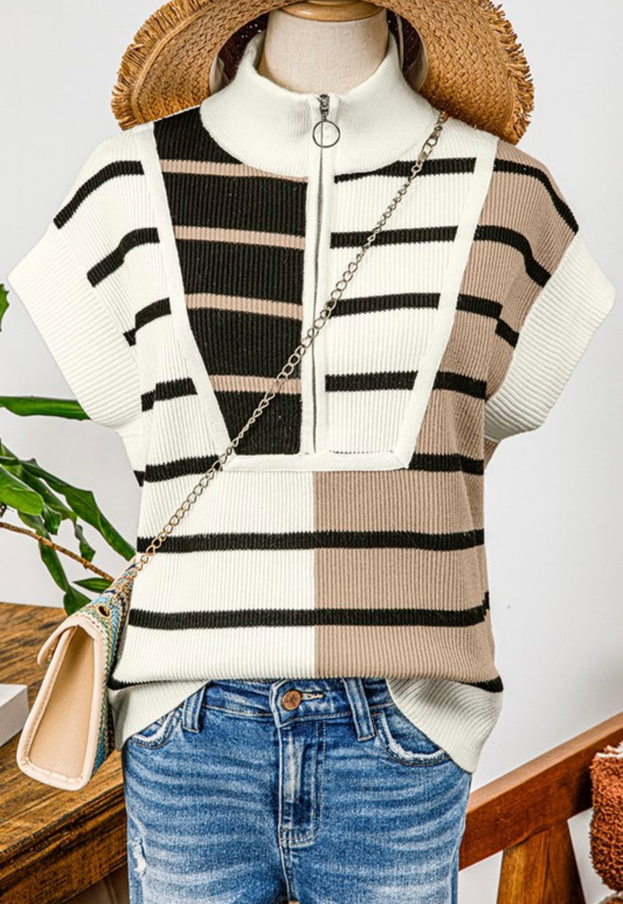 Taupe & Black Striped Sweater Vest