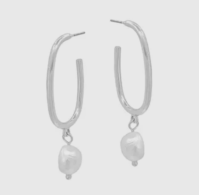 1.5” Silver Oval Hoop Earrings with Pearls